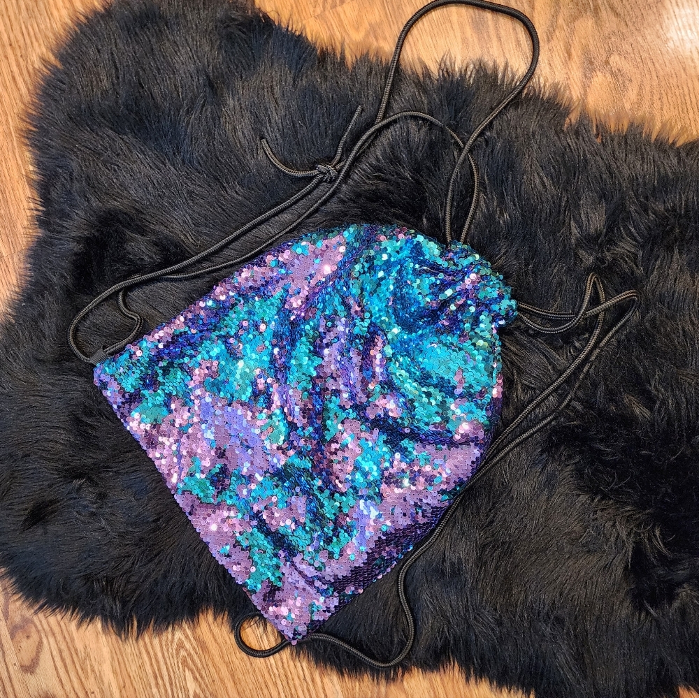 Sequin Drawstring Bag in Blue and Purple Sequins